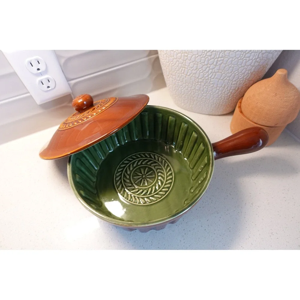 Savinio Brown & Green Glazed Ceramic Baker Pan Casserole Dish with Lid Oven Safe